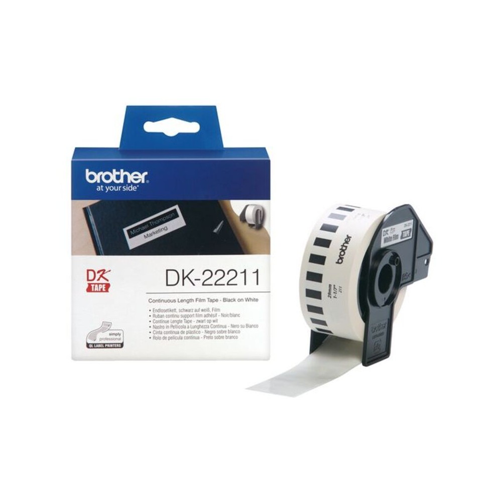 Tira de Filme Contínua Brother DK22211 29 mm Preto Preto/Branco Branco