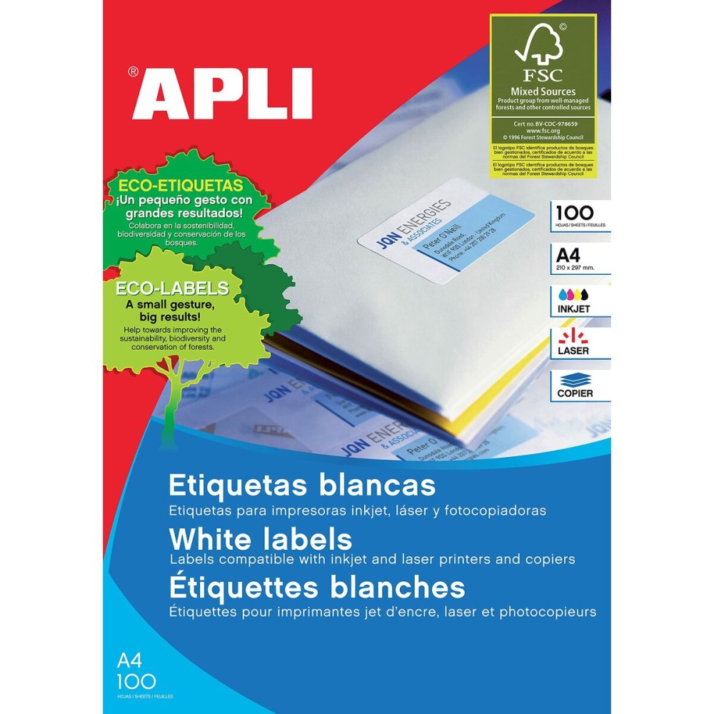 Etiquetas adesivas Apli 100 Folhas 210 x 148 mm Branco