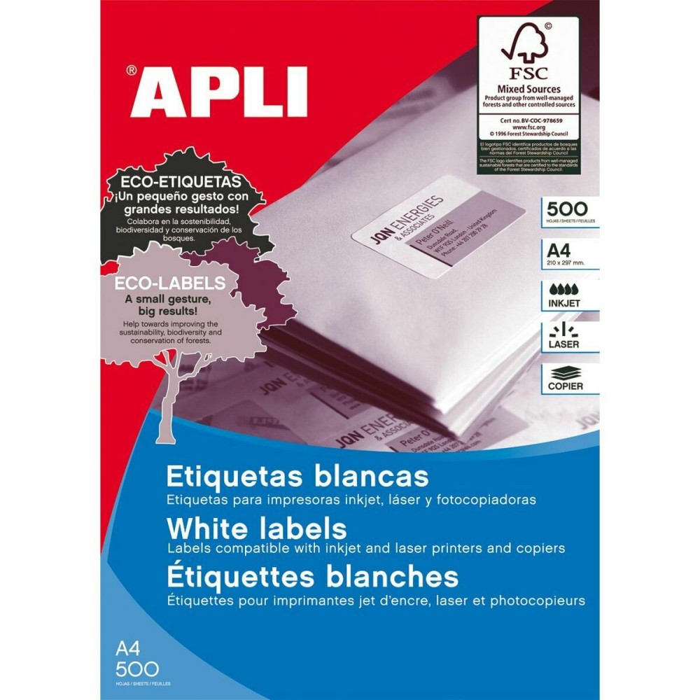 Etiquetas adhesivas Apli 500 Hojas 210 x 148 mm Blanco