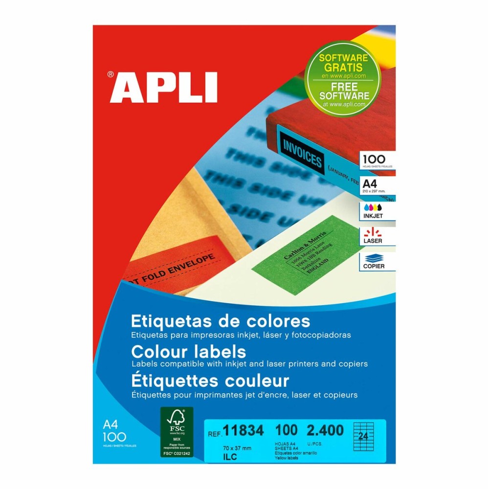 Adhesive labels Apli 70 x 37 mm 100 Sheets fluoride Yellow