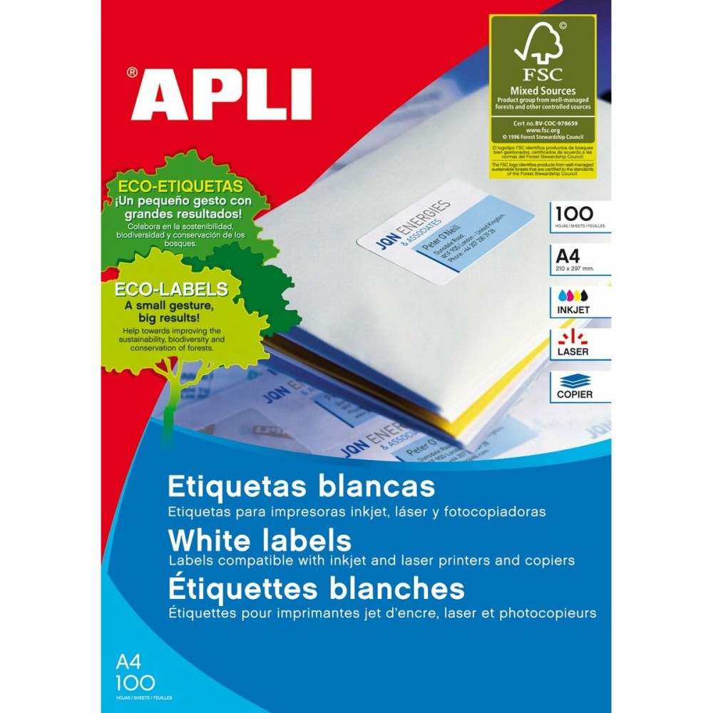 Etichette adesive Apli 100 fogli 99,1 x 139 mm Bianco