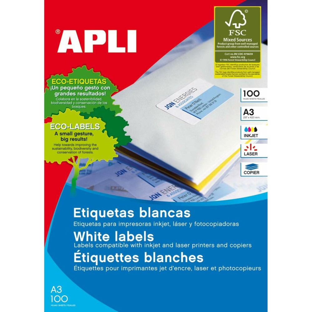 Etichette adesive Apli 100 fogli 297 x 420 mm Bianco