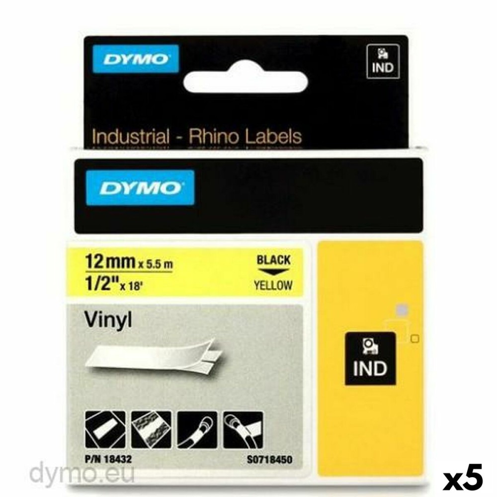 Cinta Laminada para Rotuladoras Rhino Dymo ID1-12 12 x 5,5 mm Negro Amarillo Vinilo Autoadhesivas (5 Unidades)