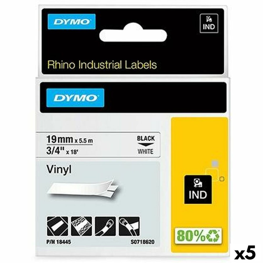 Laminiertes Klebeband zur Kennzeichnung von Maschinen Rhino Dymo ID1-19 19 x 5,5 mm Schwarz Weiß Vinyl Selbstklebend (5 Stück)