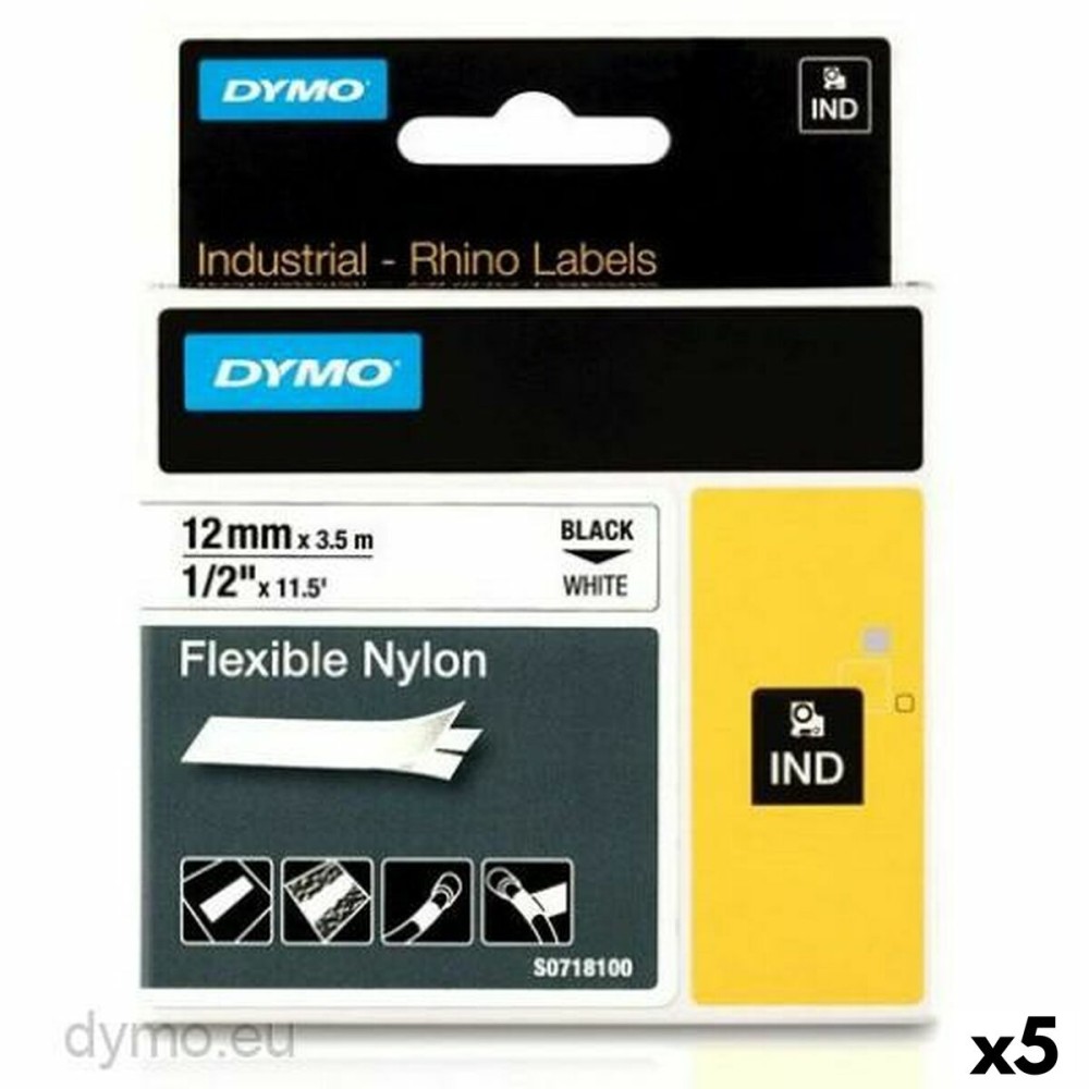 Laminiertes Klebeband zur Kennzeichnung von Maschinen Rhino Dymo ID1-12 12 x 3,5 mm Schwarz Weiß Selbstklebend (5 Stück)