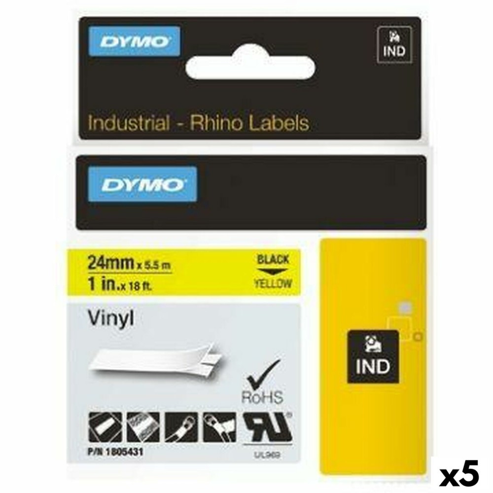 Cinta laminada para máquinas rotuladoras Rhino Dymo ID1-24 24 x 5,5 mm Preto Amarelo Etiqueta Autoadesivas (5 Unidades)