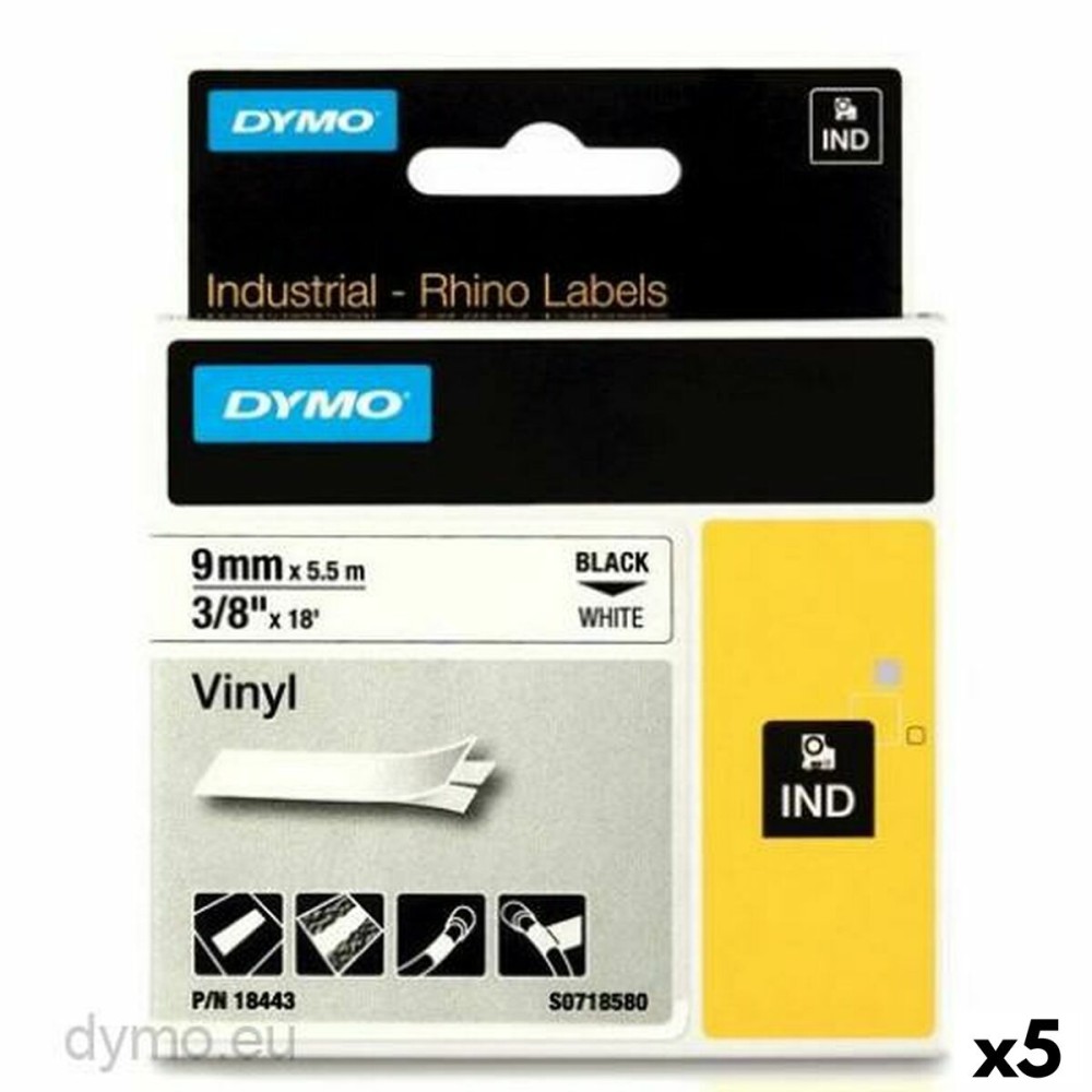 Laminiertes Klebeband zur Kennzeichnung von Maschinen Rhino Dymo ID1-9 Weiß Schwarz 9 x 5,5 mm Vinyl (5 Stück)