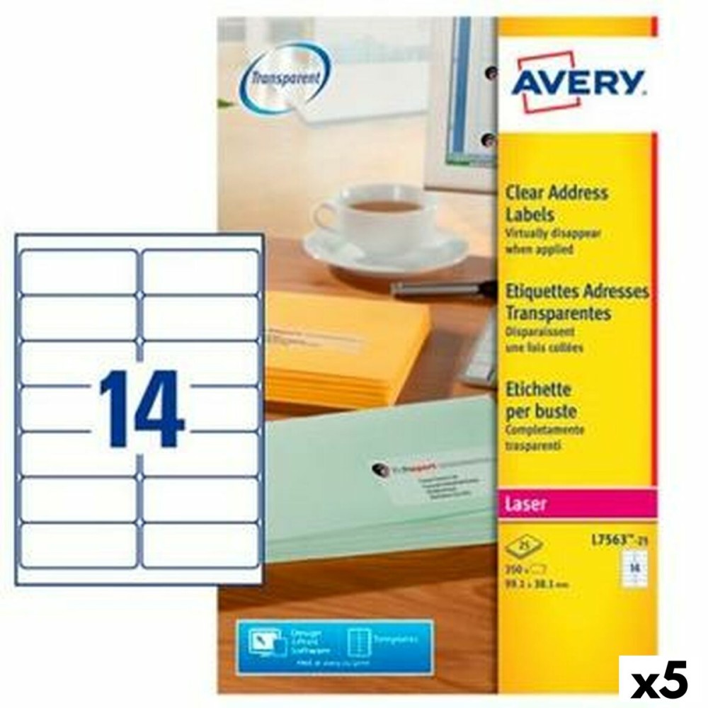 Printer Labels Avery L7563 99,1 x 38,1 mm Transparent 25 Sheets (5 Units)