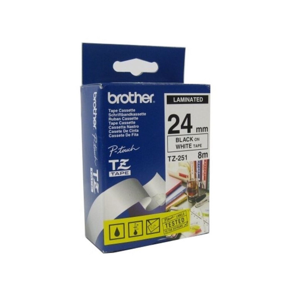 Ruban Laminé pour Etiqueteuses Brother TZE251 2,4 cm 8 m Blanc Noir Noir/Blanc