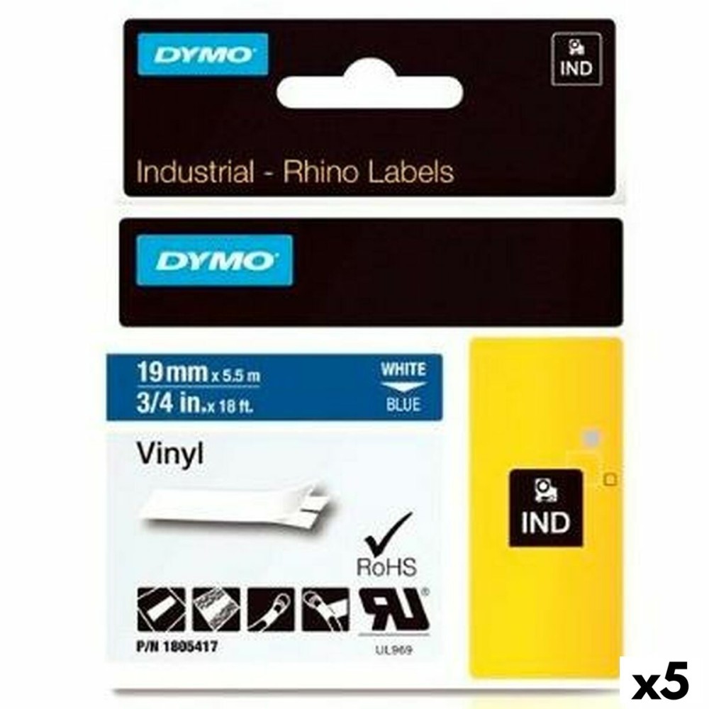 Cinta laminada para máquinas rotuladoras Dymo Rhino 19 mm x 5,5 m Azul Branco Etiqueta (5 Unidades)