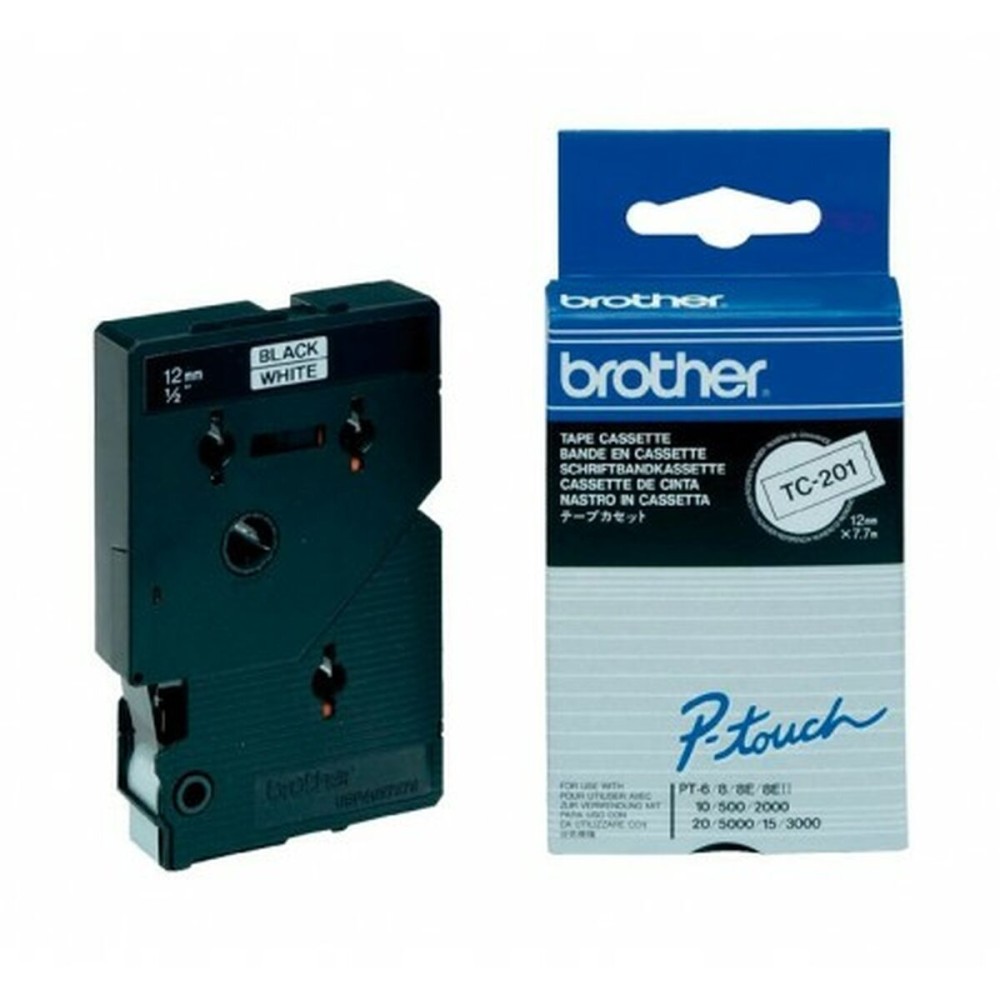 Cinta laminada para máquinas rotuladoras Brother TC-201 12 mm x 7,7 m Branco/Preto