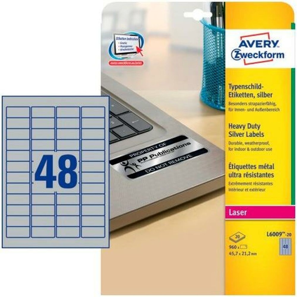 Drucker-Etiketten Avery   Silberfarben 20 Bettlaken 45,7 x 21,2 mm